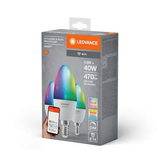 LEDVANCE SMART+ LED candle, E14, 4.9W, CCT, RGB, WiFi, 3-pack