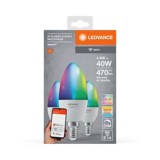 LEDVANCE SMART+ LED candle, E14, 4.9W, CCT, RGB, WiFi, 3-pack